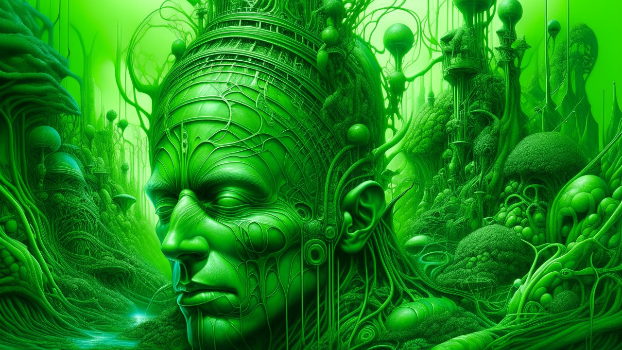 Surreal Green Biomechanical Face in Lush Alien Landscape