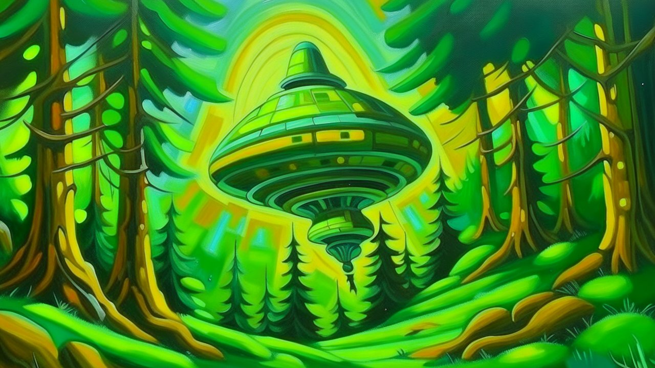 Surreal Green Forest with Floating UFO