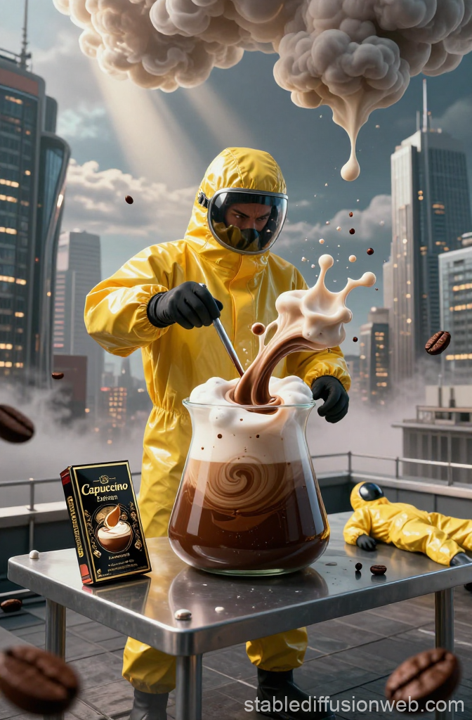 Surreal Hazmat Scientist Brewing Giant Cappuccino in Cityscape