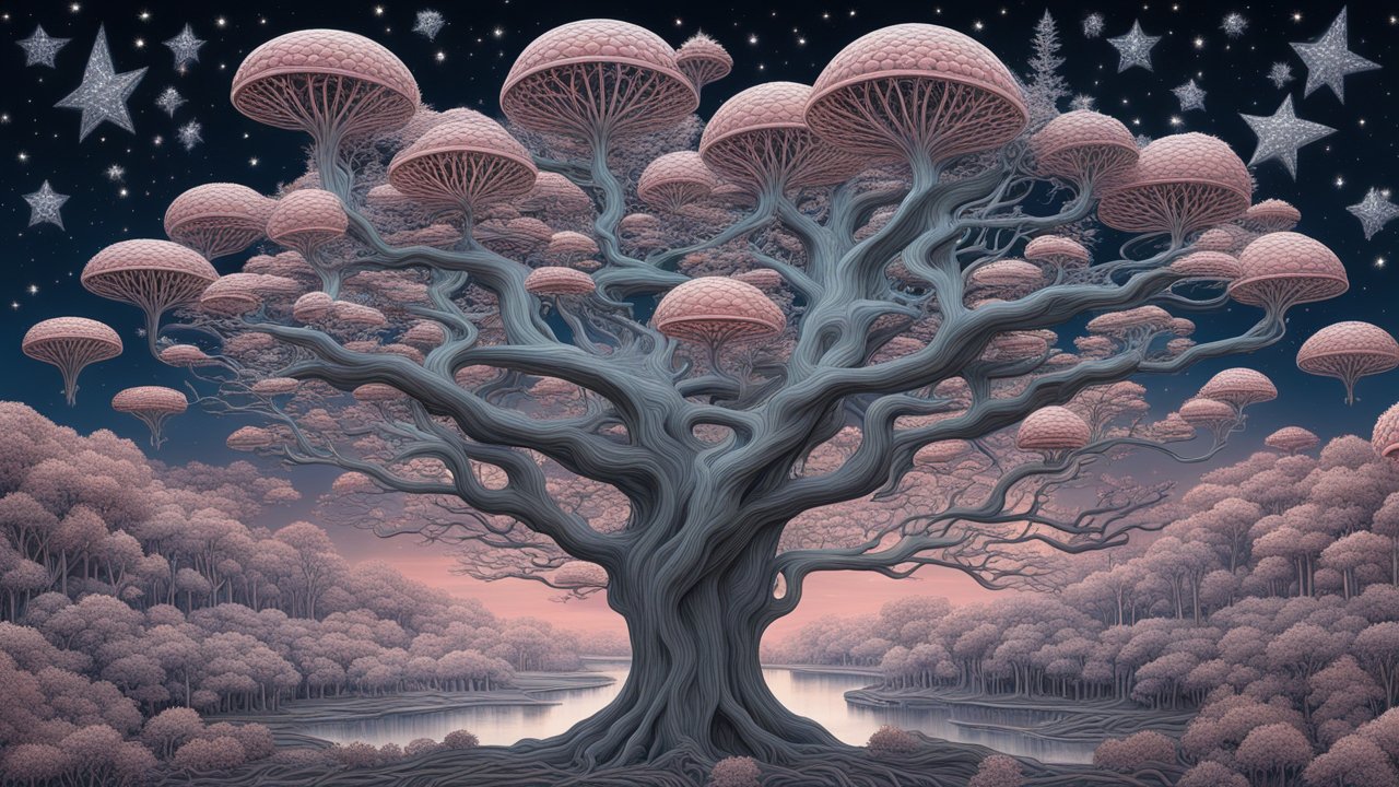 Surreal Honeycomb Trees Under a Starry Sky