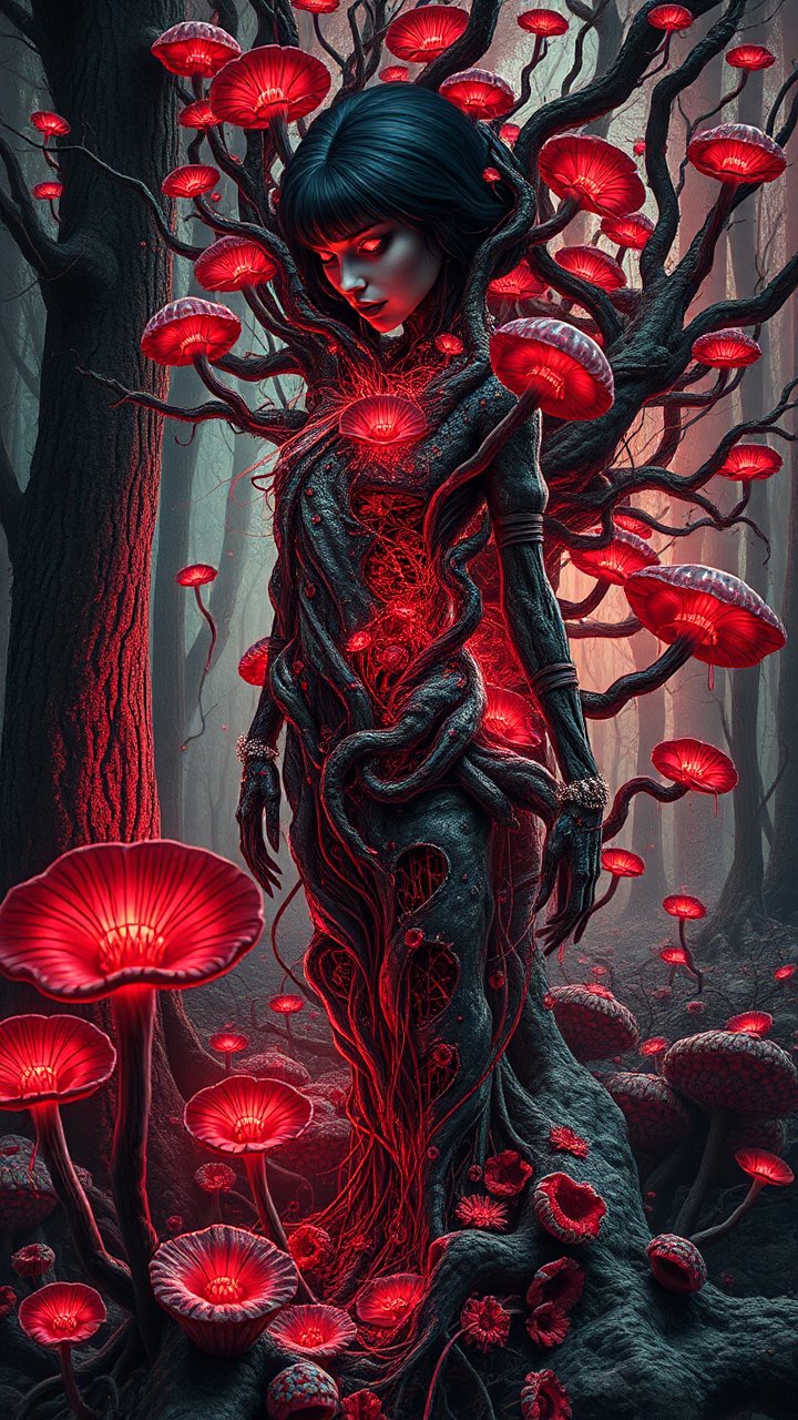 Surreal Horror Woman Entwined with Glowing Red Fungi