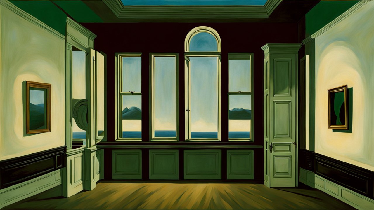 Surreal Interior with Windows Overlooking Sea and Mountains