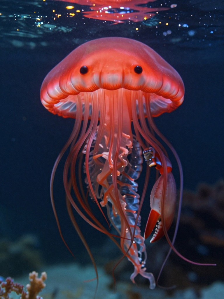 Surreal Jellyfish with Crab Claw Underwater