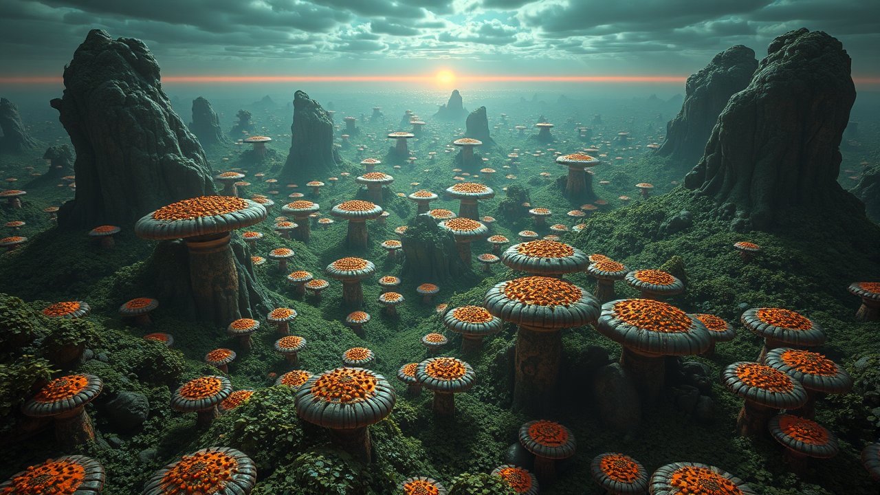 Surreal Landscape of Giant Bioluminescent Mushrooms at Sunset