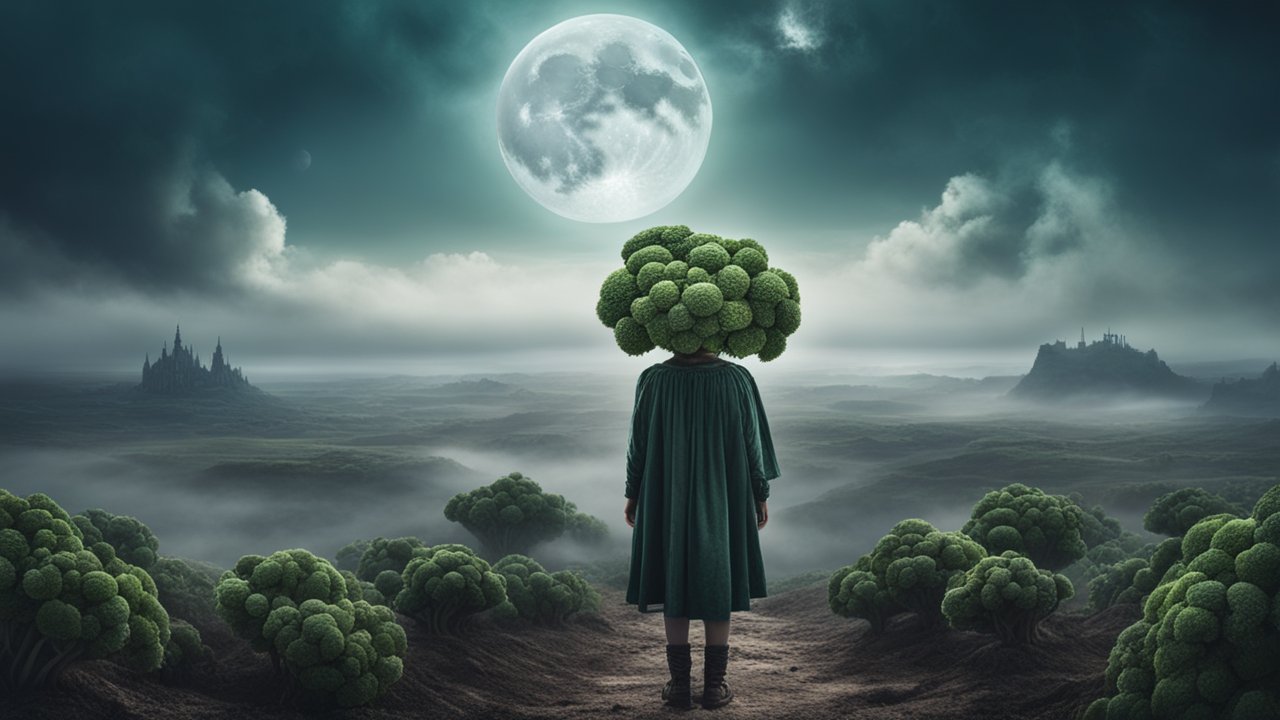 Surreal Landscape with Figure and Broccoli Head under Full Moon
