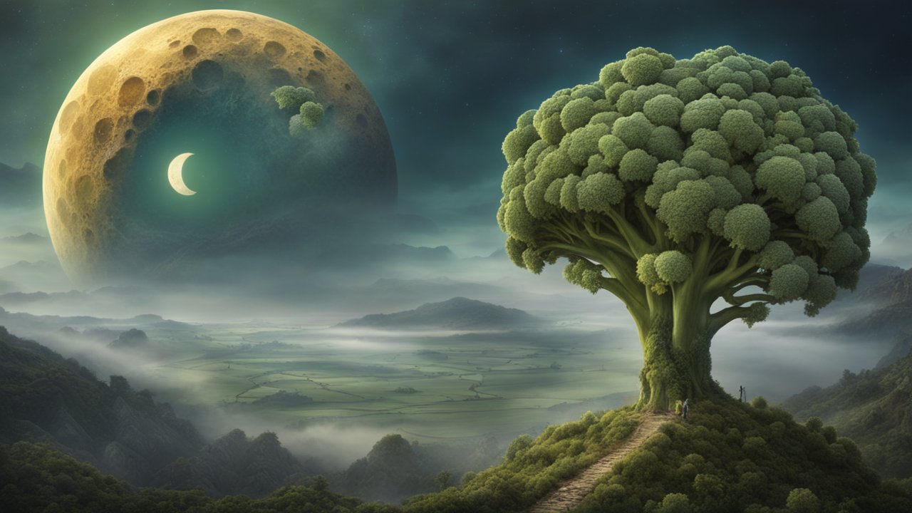 Surreal Landscape with Giant Broccoli Tree and Moon