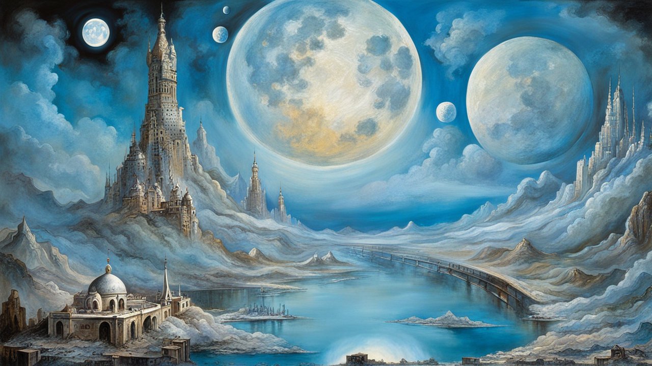 Surreal Landscape with Giant Moons and Fantasy Castles