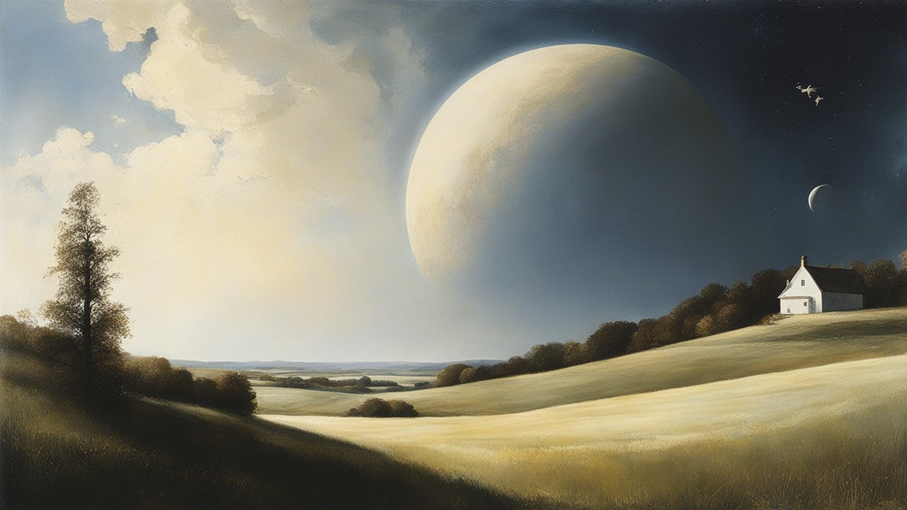 Surreal Landscape with Giant Planet and Quiet Countryside