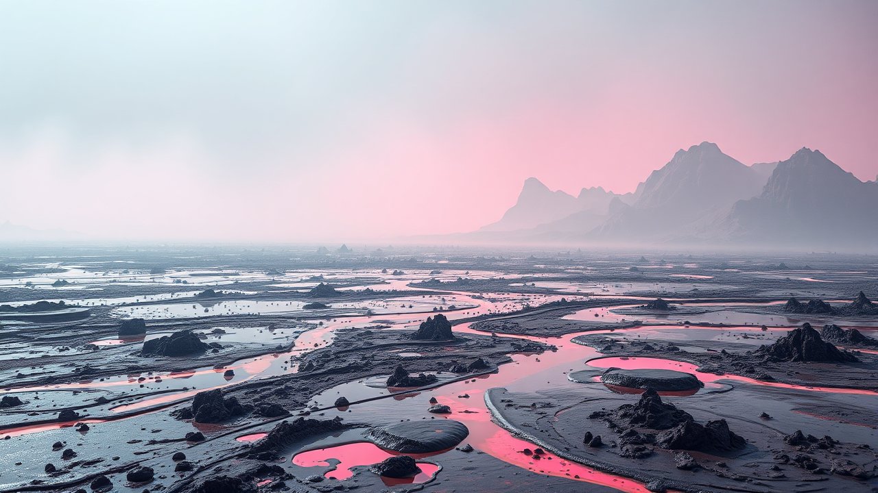 Surreal Landscape with Pink Reflective Waterways
