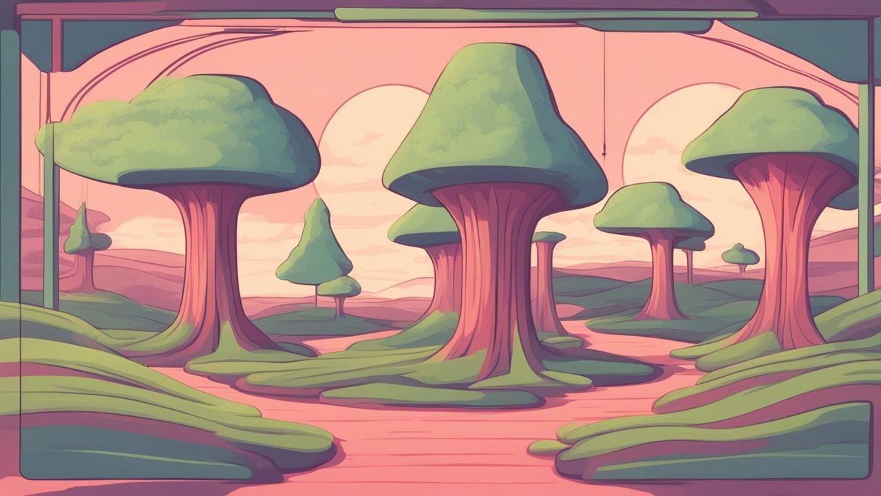 Surreal Landscape with Stylized Trees at Sunset