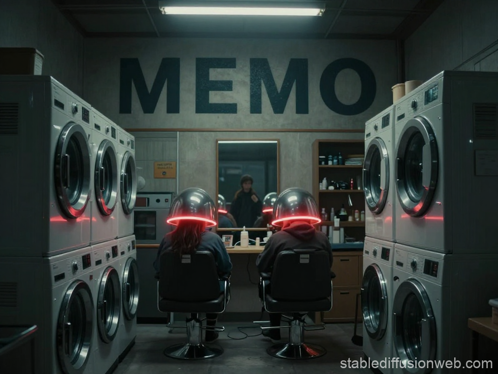 Surreal Laundromat Salon with Neon Hair Dryers