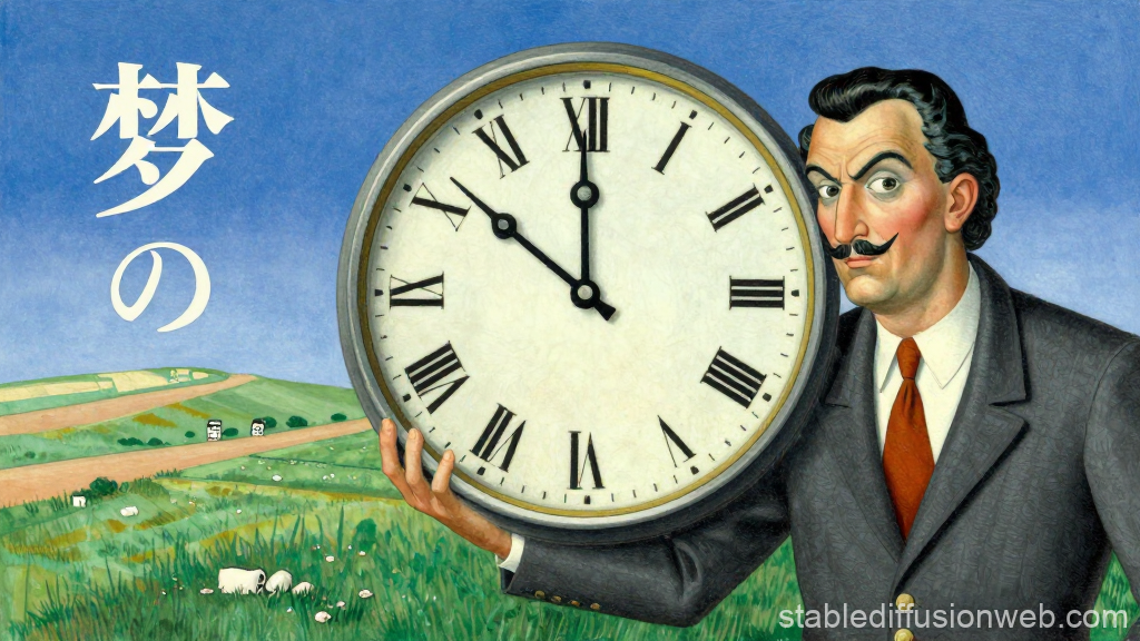 Surreal Man Holding Large Clock in Pastoral Landscape