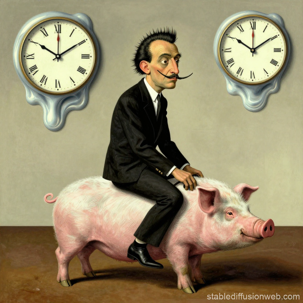 Surreal Man with Mohawk Riding a Pig Between Melting Clocks