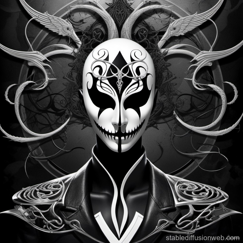 Surreal Masked Figure with Ornate Winged Elements