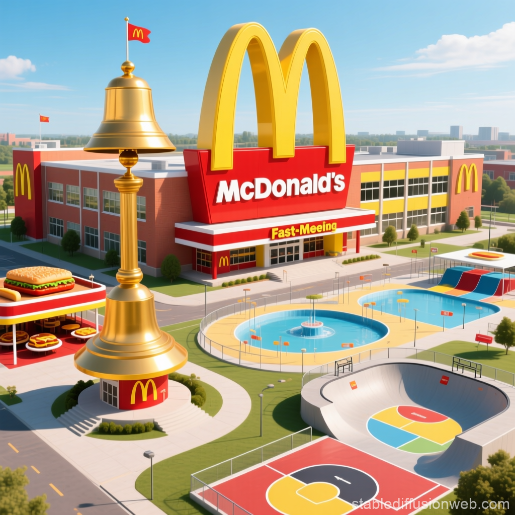 Surreal McDonald's School Campus with Playgrounds and Golden Bell