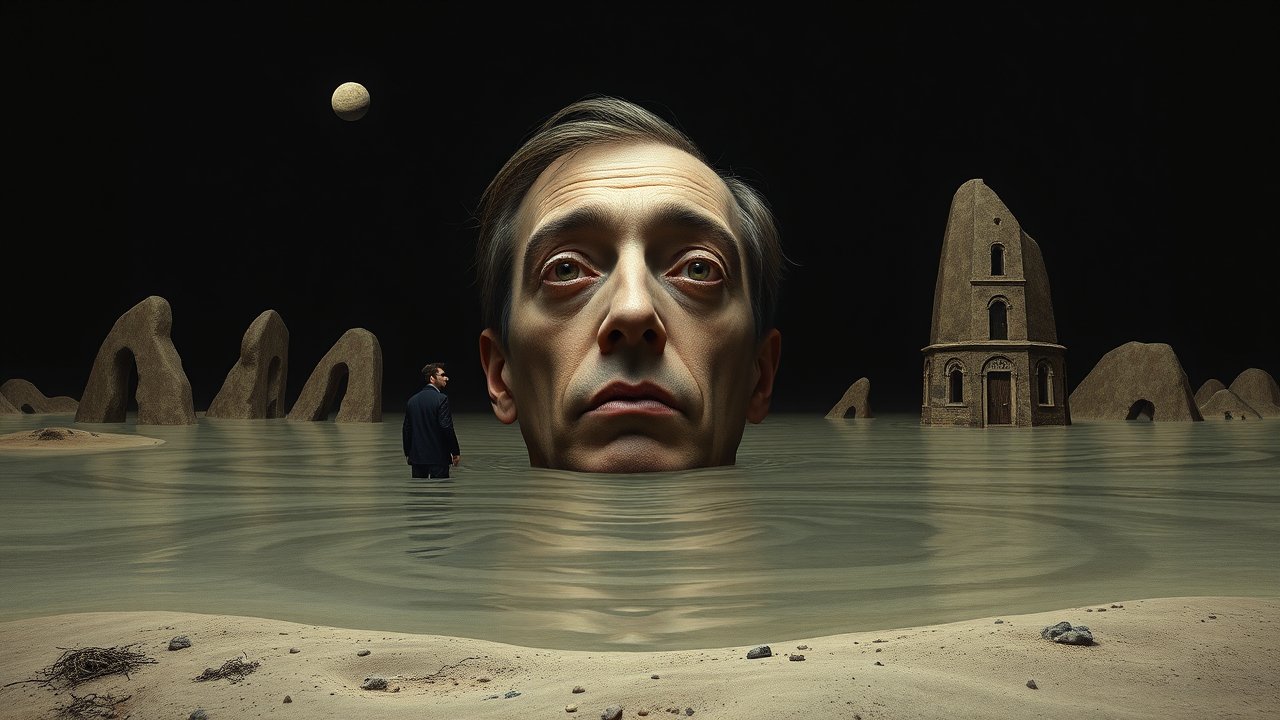 Surreal Minimalist Scene with Giant Head and Deserted Structures