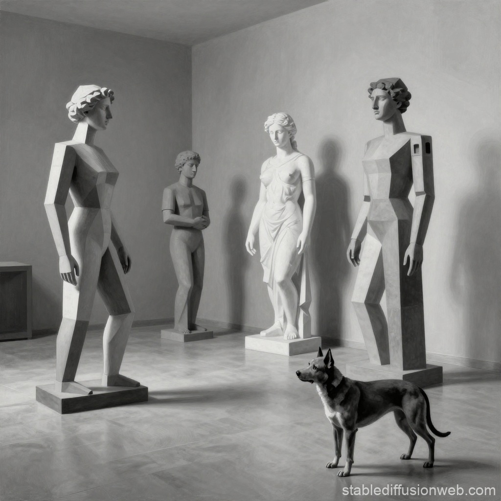 Surreal Monochrome Room with Classical and Geometric Statues and Dog