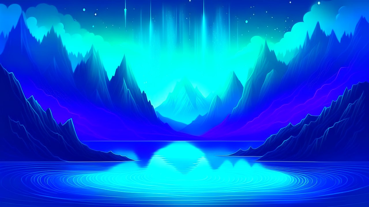 Surreal Neon Mountain Landscape with Reflective Lake