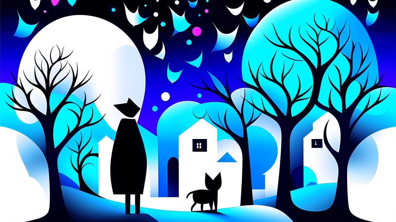 Surreal Night Landscape with Silhouetted Figures and Trees