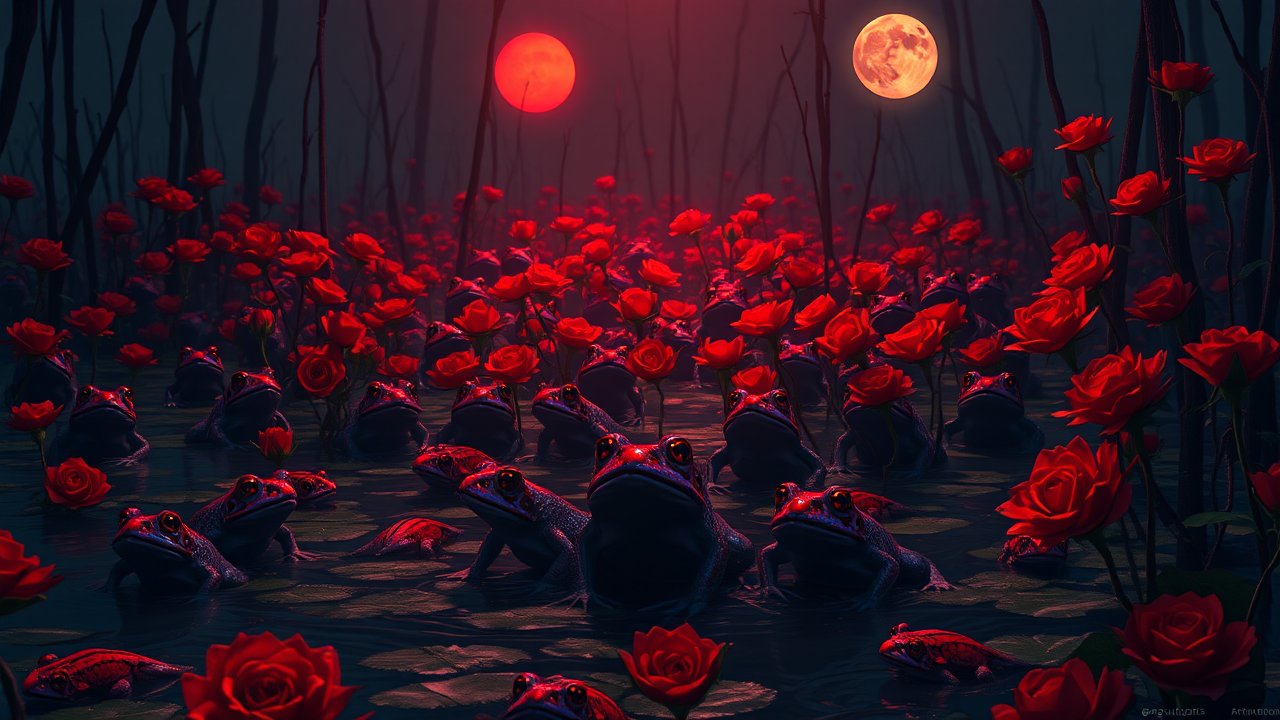 Surreal Night Scene with Frogs and Red Roses Under Dual Moons