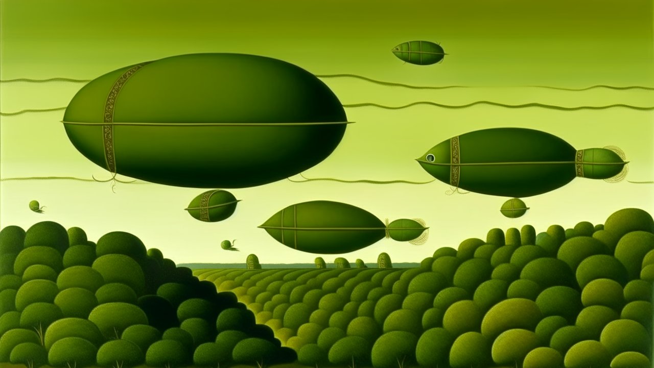 Surreal Olive Green Airships Over Rounded Forest