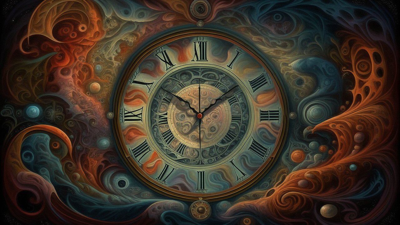 Surreal Painting of an Ornate Clock with Swirling Abstract Patterns