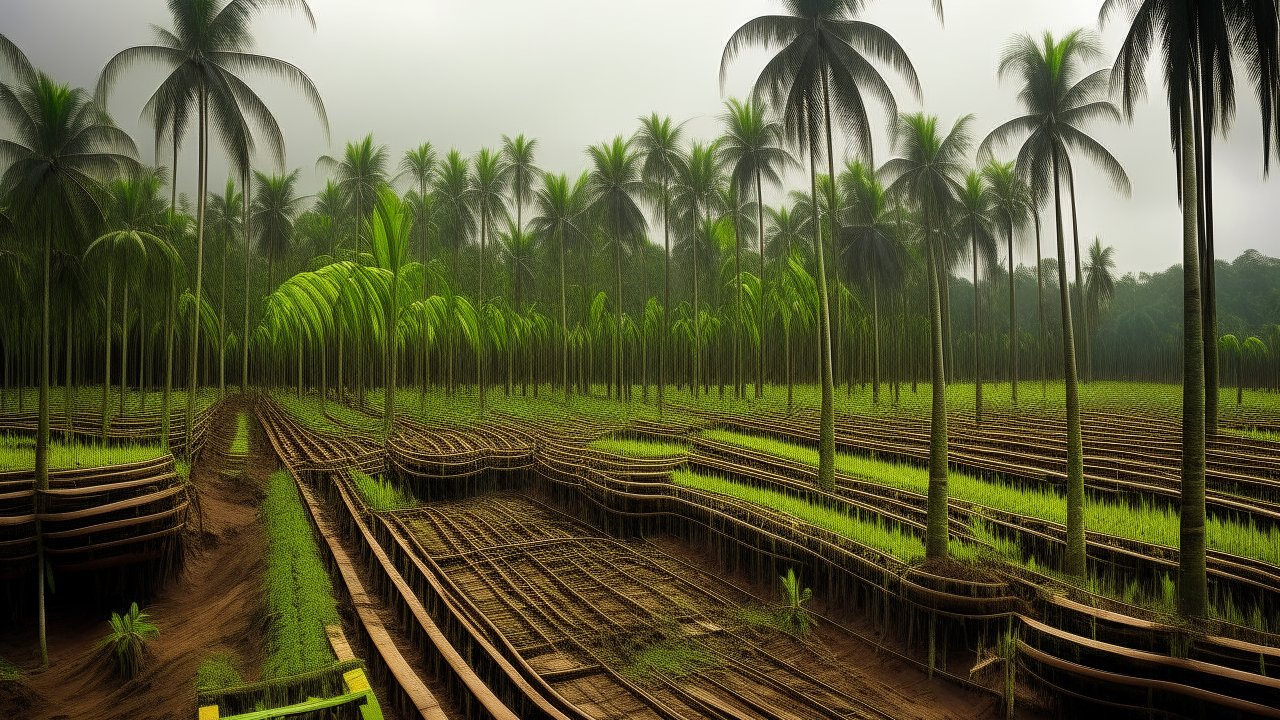Surreal Palm Tree Plantation with Layered Terrain