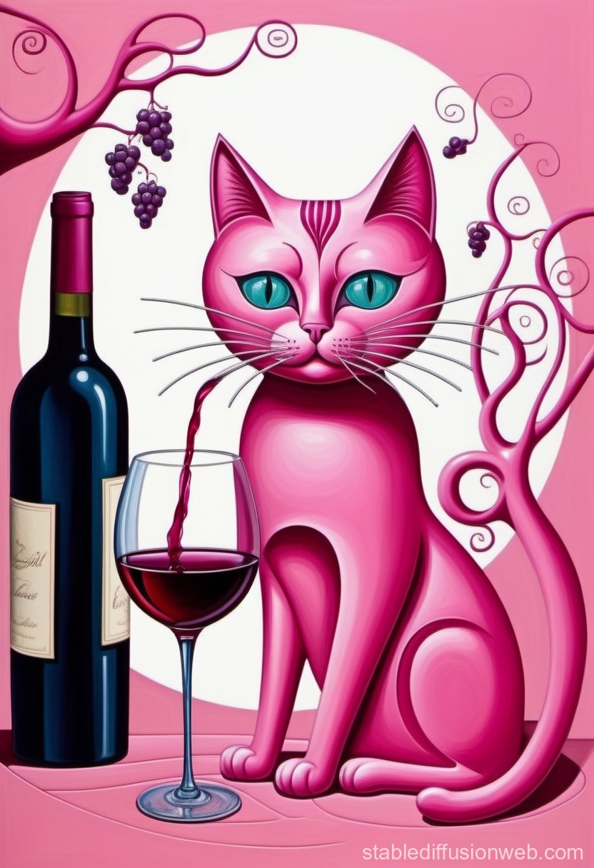 Surreal Pink Cat Pouring Wine in a Whimsical Setting