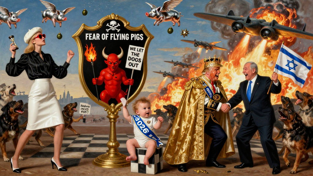 Surreal Political Allegory with Flying Pigs and Fiery Chaos