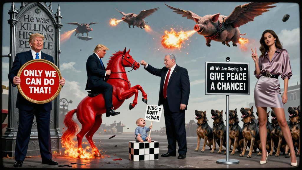 Surreal Political Allegory with Trump, Netanyahu, and Fiery Flying Pigs