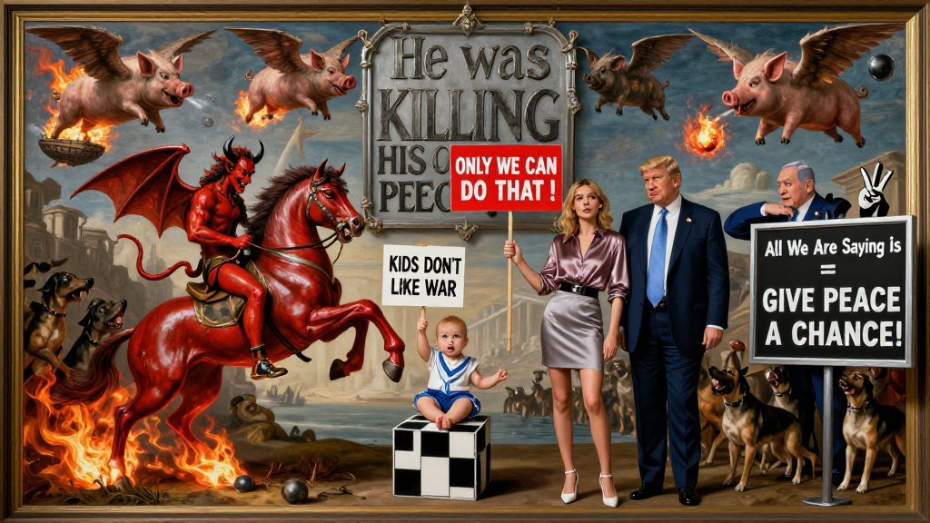 Surreal Political Peace Protest with Flying Pigs and Fiery Devil