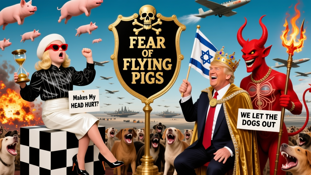 Surreal Political Satire with Flying Pigs and Fiery Devil