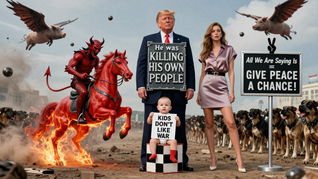 Surreal Political Scene with Messages of War and Peace