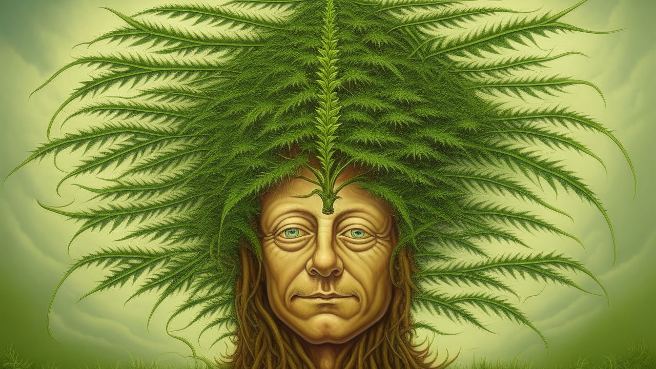Surreal Portrait of a Man with Cannabis Leaf Hair