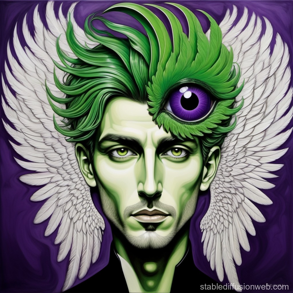 Surreal Portrait of a Man with Green Hair and Winged Eye