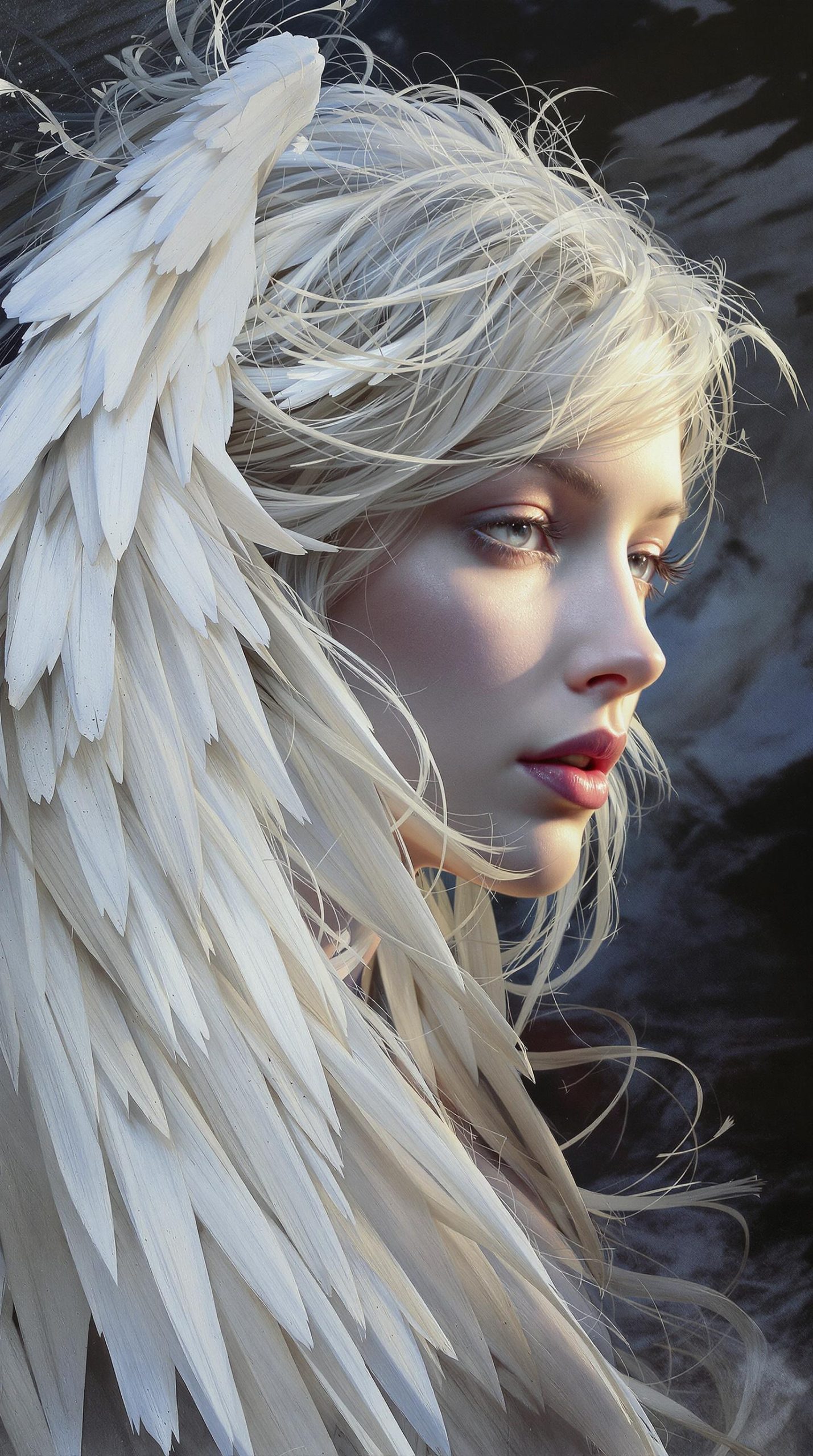 Surreal Portrait of a White Angel with Flowing Feathers