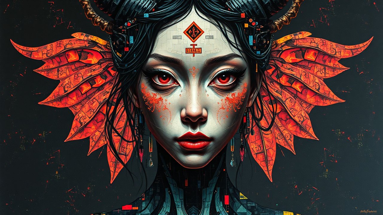 Surreal Portrait of a Woman with Fiery Wings and Horns