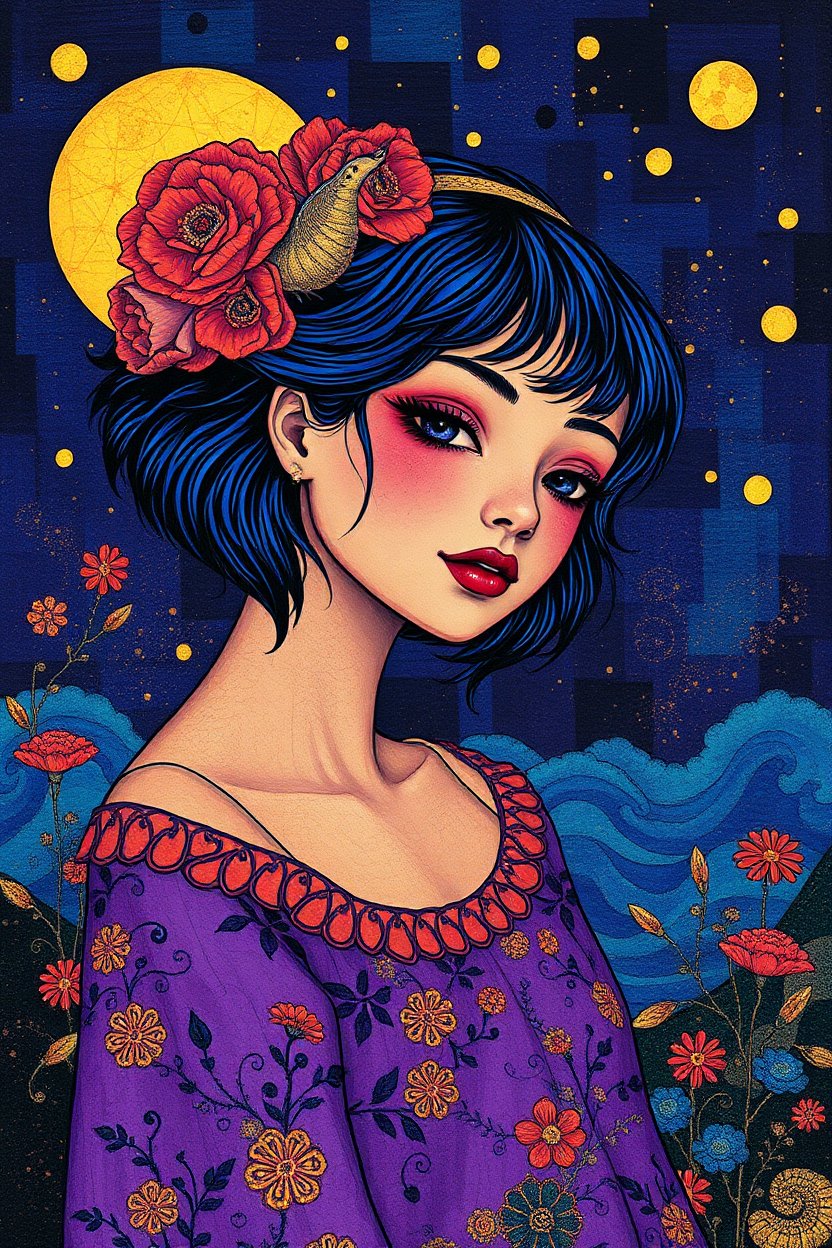 Surreal Portrait of a Woman with Floral and Moon Elements