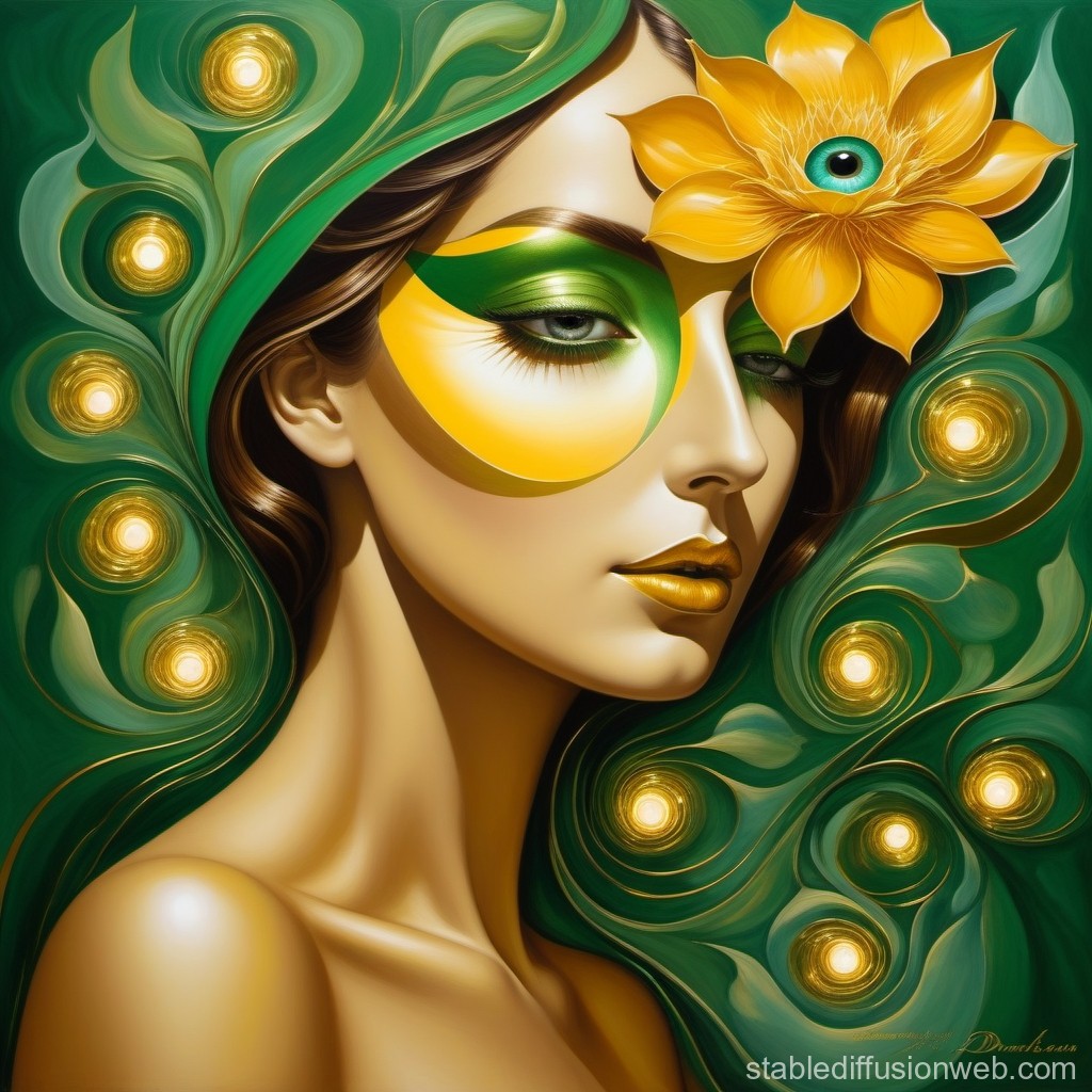 Surreal Portrait of a Woman with Floral Eye and Glowing Orbs