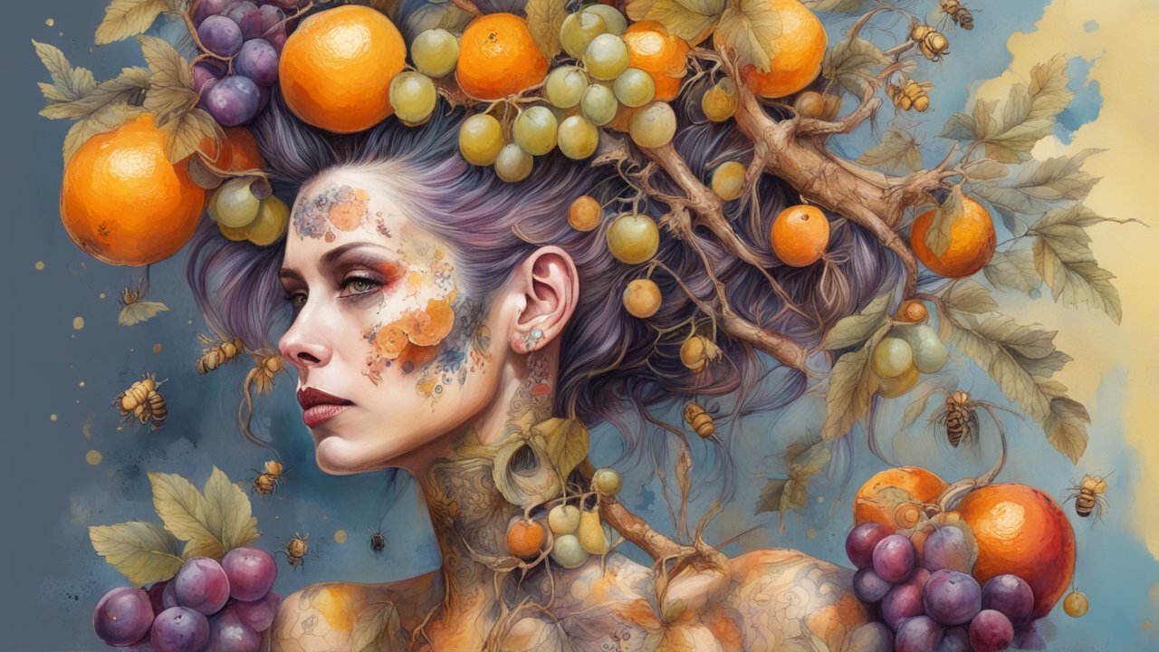 Surreal Portrait of a Woman with Fruit and Bees