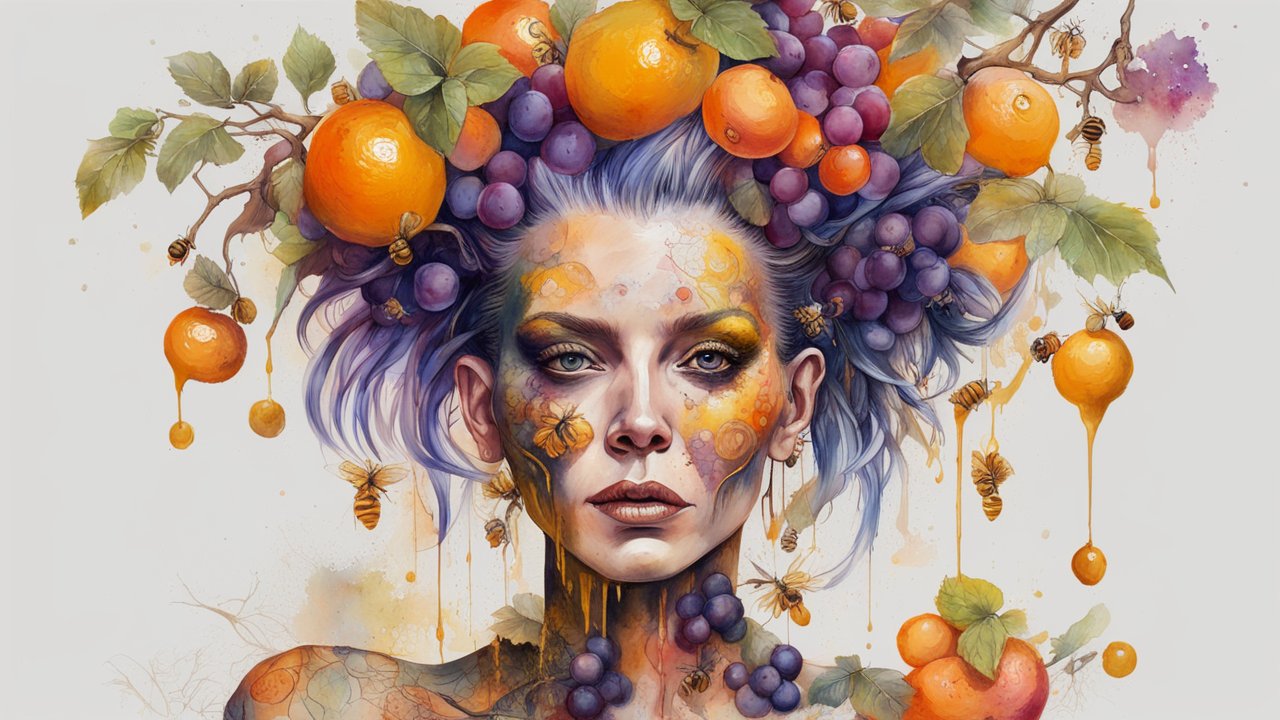 Surreal Portrait of a Woman with Fruit and Bees