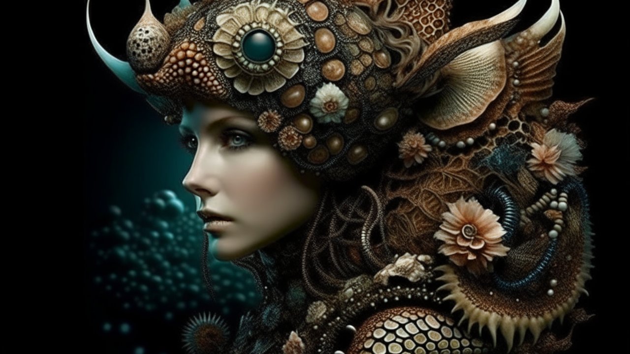 Surreal Portrait of a Woman with Intricate Organic Headpiece