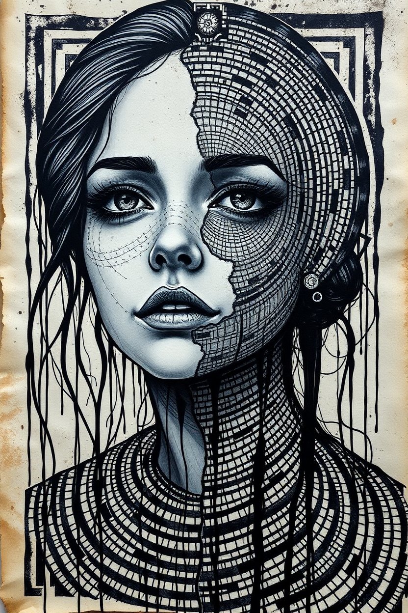 Surreal Portrait of a Woman with Mosaic Face