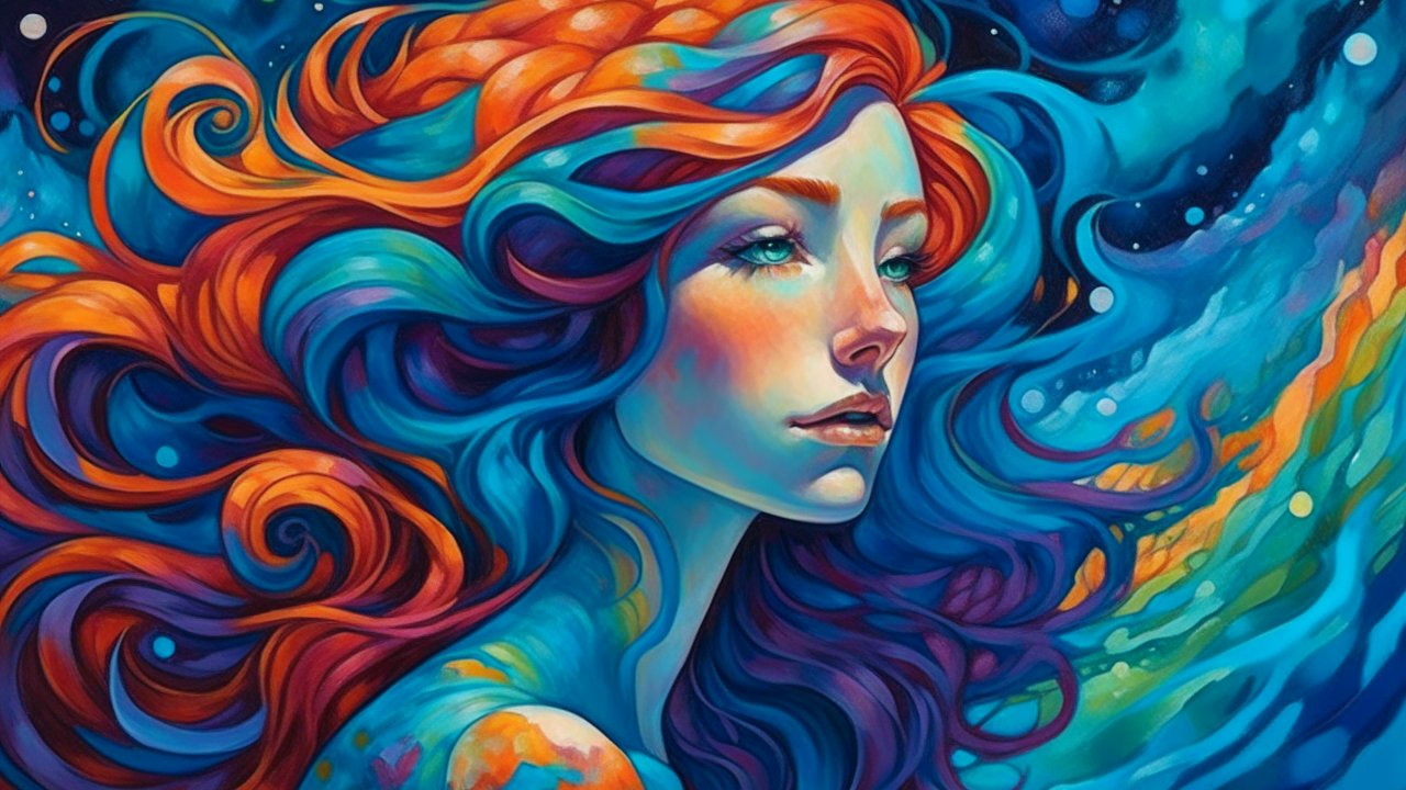 Surreal Portrait of a Woman with Vibrant Flowing Hair