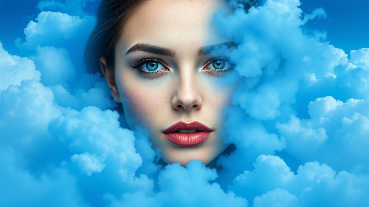 Surreal Portrait of Woman Emerging from Blue Clouds