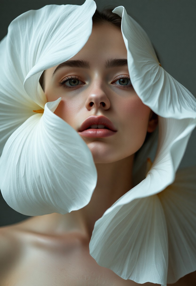 Surreal Portrait of Woman Framed by Large White Flower Petals
