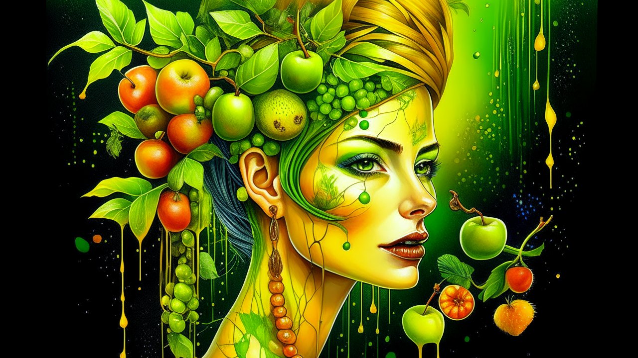 Surreal Portrait of Woman with Fruit and Leaves