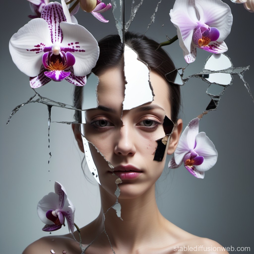 Surreal Portrait of Woman with Shattered Mirror and Orchids