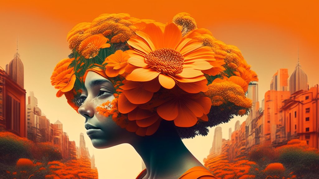 Surreal Portrait of Woman with Vibrant Orange Flowers in Urban Setting