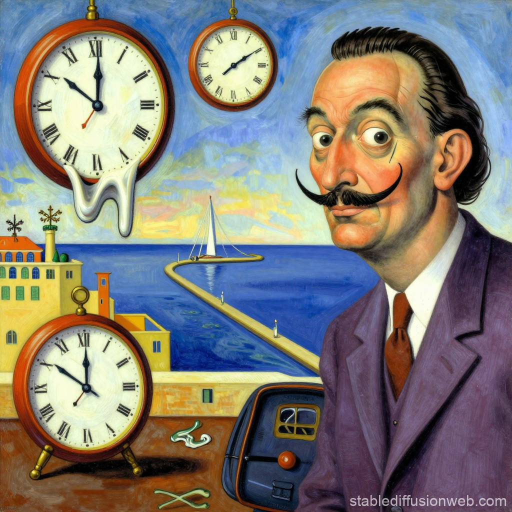 Surreal Portrait with Melting Clocks and Seaside View